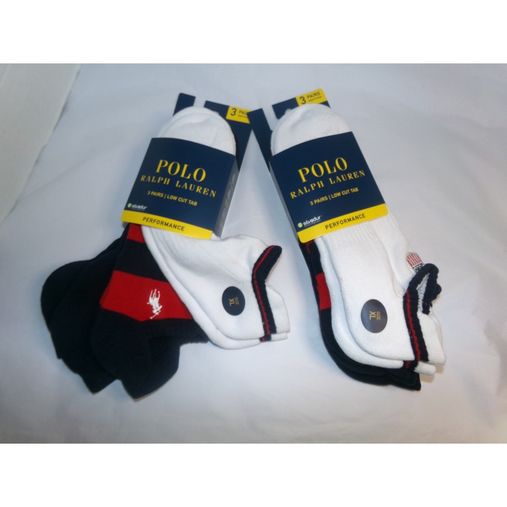 Polo Ralph Lauren Mens 6 Pairs Low Cut Tab Performance Socks XL White Navy Red